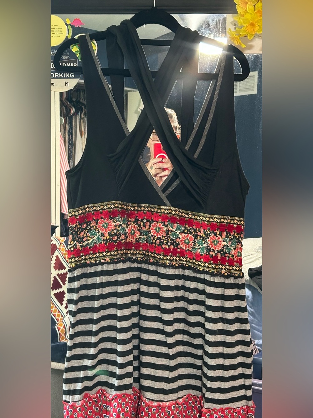 Free People Women's Dark Blue Strappy Floral-Embroidered Mixed-Print dress